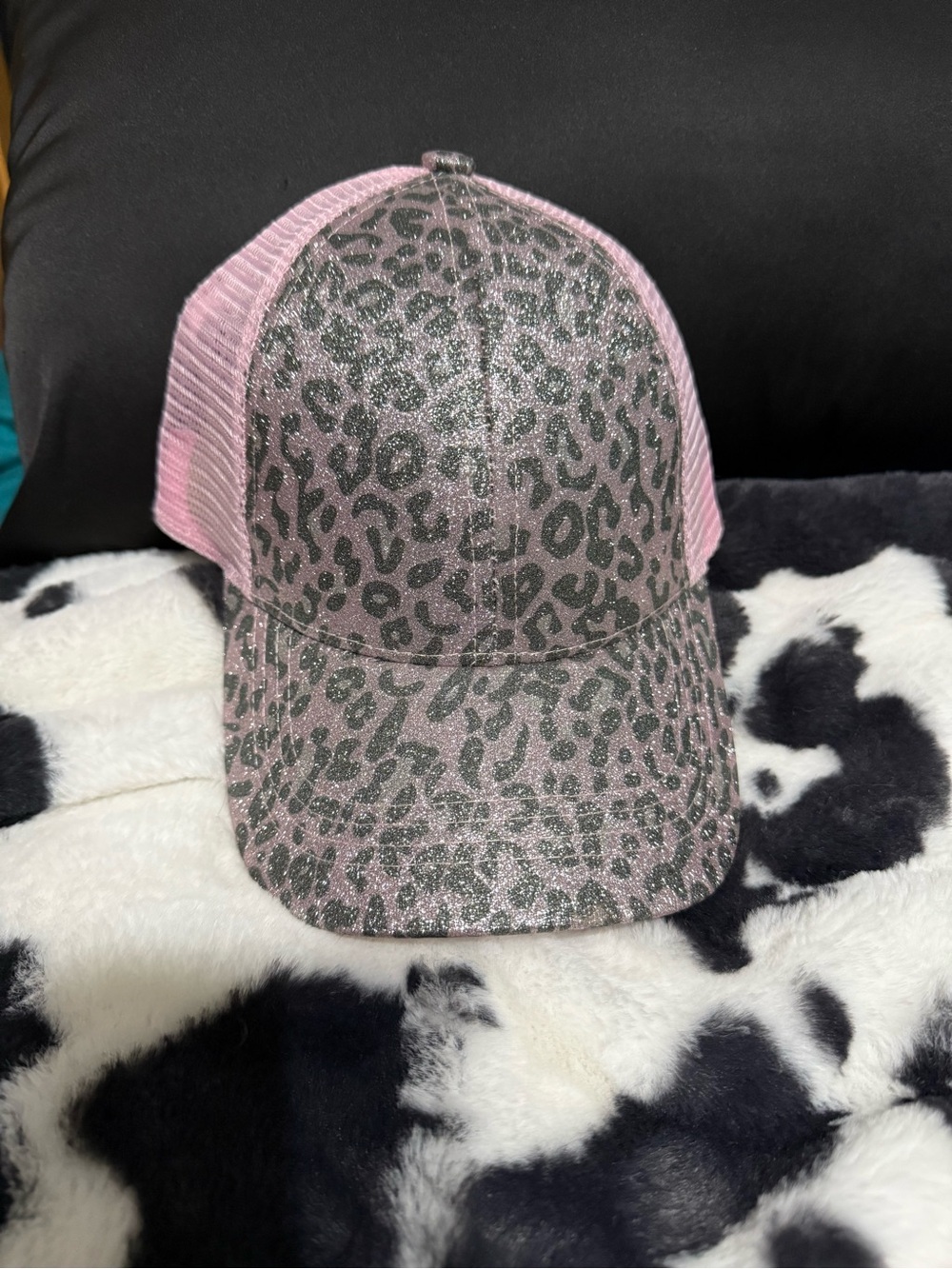 C.C Pink Glitter Leopard Mesh Trucker Hat